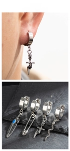 Detailed set of punk stainless steel hoop earrings with feather, pin, and snake charms