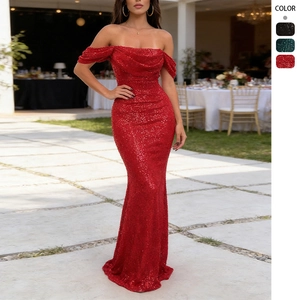 Robe De Soirée À Paillettes Épaules Dénudées Sirène Maxi Robe Moulante Sexy Taille Haute Queue De Poisson Fête