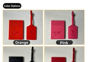 Various colors of PU leather passport cover and luggage tag set with embossed map detail