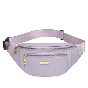 Purple nylon waist bag for women featuring adjustable strap and gold zipper details