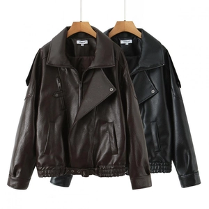 Damen Kunstleder Motorradjacke Reißverschlusstasche Gürtelsaum Vintage PU Biker Mantel Langarm Streetwear