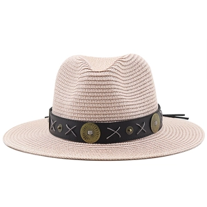Bohemian beige wide brim straw hat with vintage metallic band and fedora style crown
