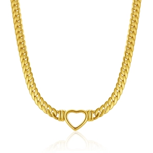Chunky gold-plated stainless steel Cuban link necklace with a central heart ring pendant