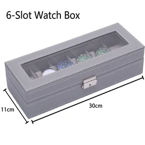 Caja para 6 relojes de cuero gris con tapa transparente y cierre metálico 30x11cm