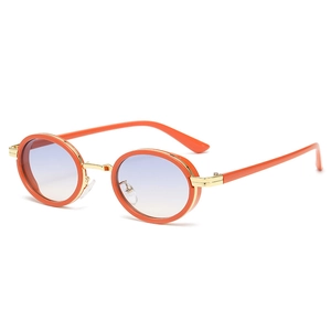 Fashionable oval sunglasses with orange frames, gold temples and gradient lenses on white