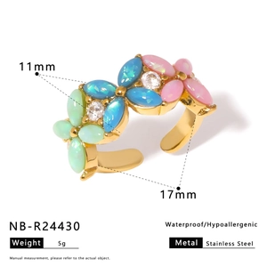Detail showing colorful flower ring size with blue and pink zircon on gold stainless steel