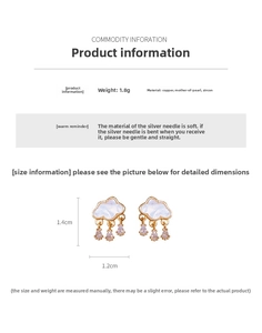 Detailed specs of cloud earrings with mother of pearl and zircon teardrops, 1.4cm height