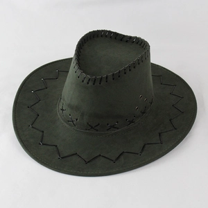 Detail of dark green suede cowboy hat with black decorative stitching and metal eyelets