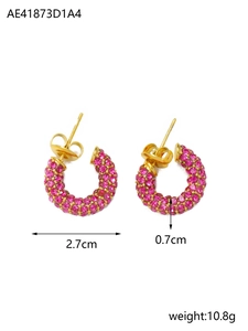 Detailed view of gold plated hoop earrings with pink rhinestones and sizing metrics