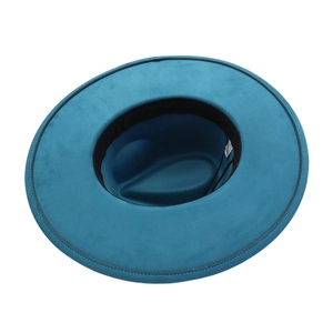 Close-up of suede fedora hat with contrast stitching and inner sweatband detail