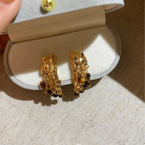 Vintage Lava Texture Gold Plated Dangle Earrings With Silver Earring Post And Brown Resin Beads For Women