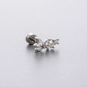 Silver curved cartilage stud earring with cubic zirconia crystals and flat back