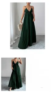 Deep green tiered dress with V-neck bow and triple-layered skirt detail