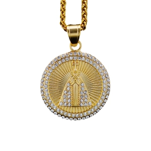 Hip hop gold stainless steel pendant with full diamond circle and Virgin Mary icon