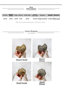 Detail of mini zinc alloy heart and shell bags with metallic plating and chain straps