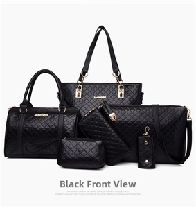 Detail of 6-piece black quilted leather bag set with gold hardware and tote styles