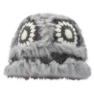 Plush grey faux fur winter hat for women featuring hand-crocheted bohemian floral patterns
