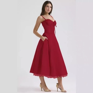 Elegant red floral midi dress with spaghetti straps and vintage A-line waist design