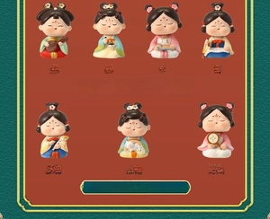 Set of 7 Tang Dynasty style bobblehead figurines showcasing traditional Chinese girl art