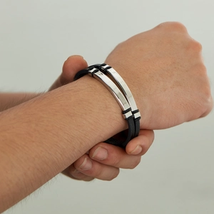 Men's double-layered black leather bracelet with parallel silver stainless steel bars