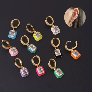 Colorful Enamel Rectangular Pendant Hoop Earrings Copper Cubic Zirconia Geometric Fashion Jewelry For Women
