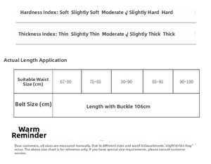 Size guide for women's leather belt with heart buckle, showing thickness and length specs