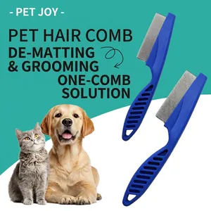 Blue pet grooming comb with fine metal teeth for dogs and cats hair removal