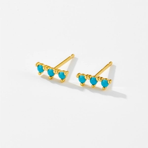 Minimalist S925 silver stud earrings with three round turquoise stones in a gold setting