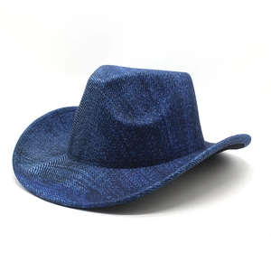 Detailed side view of dark blue western cowboy hat with textured woven fabric and curled brim