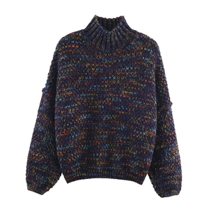Detail of the mock neck and multi-color heather knit texture on this warm pullover sweater