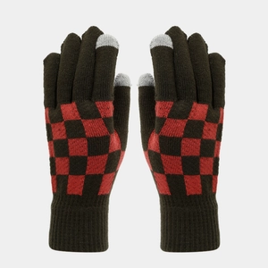 Knitted touch screen gloves with brown checkerboard pattern and elastic ribbed cuffs