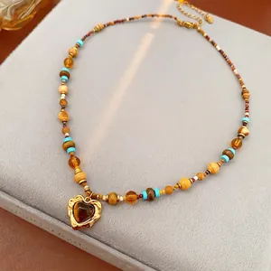 Heart Pendant Necklace Natural Stone Colorful Beads Bohemian Ethnic Vintage Jewelry For Women
