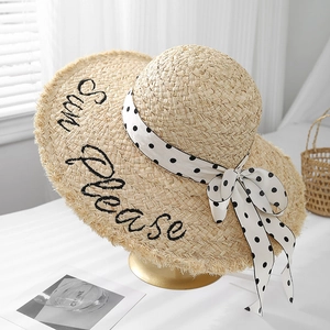 Chic beige raffia sun hat with Sun Please embroidery and polka dot ribbon bow