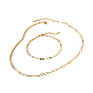 Luxury 18k gold plated stainless steel paperclip necklace and bracelet set with cubic zirconia