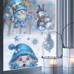 Blue Christmas gnomes and snowman static window stickers set with festive snow landscape
