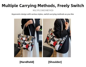 Detail showing versatile large capacity canvas tote bag with geometric pattern