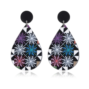 Christmas teardrop earrings with colorful snowflakes and geometric triangle patterns