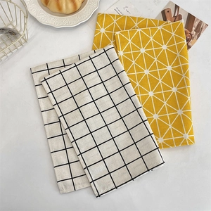 Nordic cotton linen printed placemat set featuring yellow geometric and grid patterns