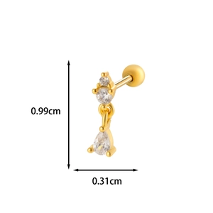 Detail of gold cartilage stud with zircons and teardrop pendant showing 0.99cm size