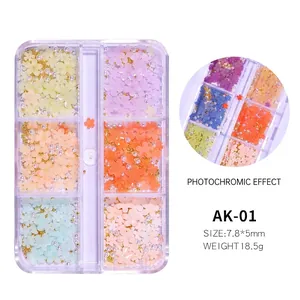 Detail view of 6-grid nail art kit with color-changing flowers and metallic beads