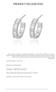 Macro detail of S925 silver C-shape earrings with rectangular zircon 4mm by 17mm