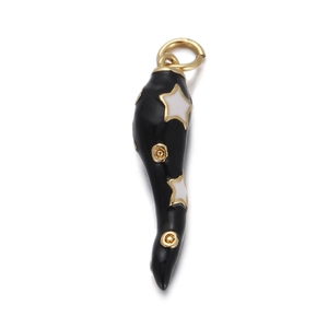 Close-up of black Italian cornicello pendant with gold loop and white star pattern