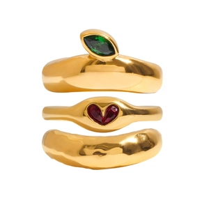 Three-piece 18K gold-plated stainless steel ring set with green and red gemstones