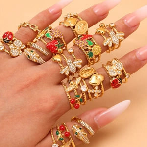 18k gold plated stainless steel open rings with insect enamel and zircon charms set