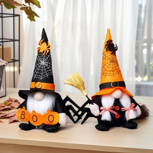 Handcrafted Halloween spider gnomes set with Boo pumpkin and broom for table decor