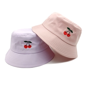 Vintage Cherry Embroidery Bucket Hat Cotton Canvas Sun Protection Breathable Outdoor Casual Fisherman Cap For Women