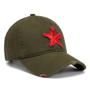 Olive green distressed baseball cap with red star embroidery and vintage worn-out details