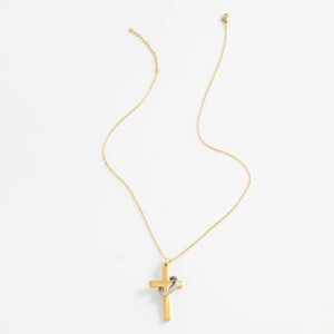 Hip hop style gold chain necklace featuring mirror-polished cross and silver circle ring