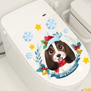 Detailed view of Merry Christmas toilet sticker with cute cartoon beagle and snowflakes