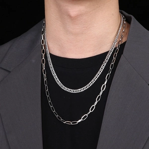 Men's double layer stainless steel chain necklace featuring Cuban and paperclip links
